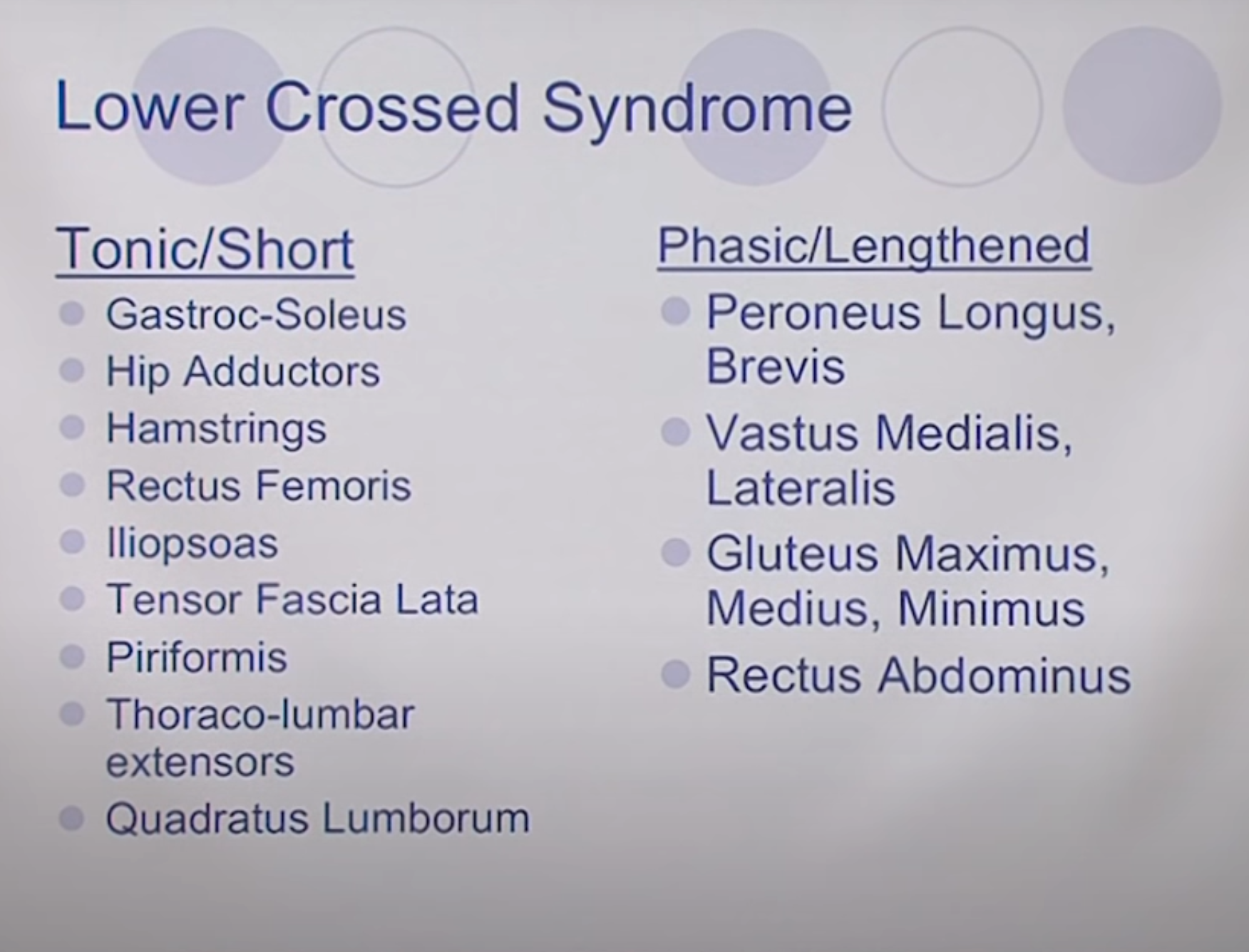 Lower Crossed Syndrome — tonic/short vs. phasic/lengthened muscle groups